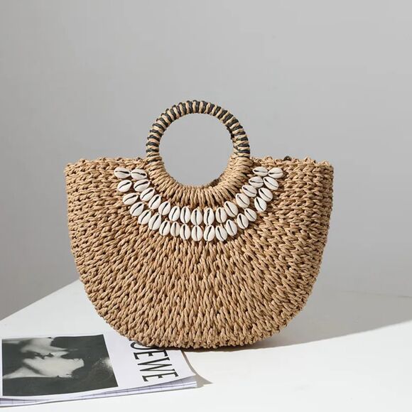 Straw Woven Tote – Brown, Shell Detail, Lined, Drawstring, Resort Beach Bag NWT - Picture 1 of 3
